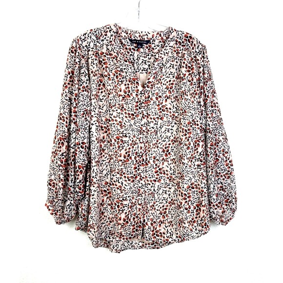 Zac & Rachel Women's V-Neck Button Down Blouse Size L Cream Brown 3/4 Sleeves - Picture 1 of 9